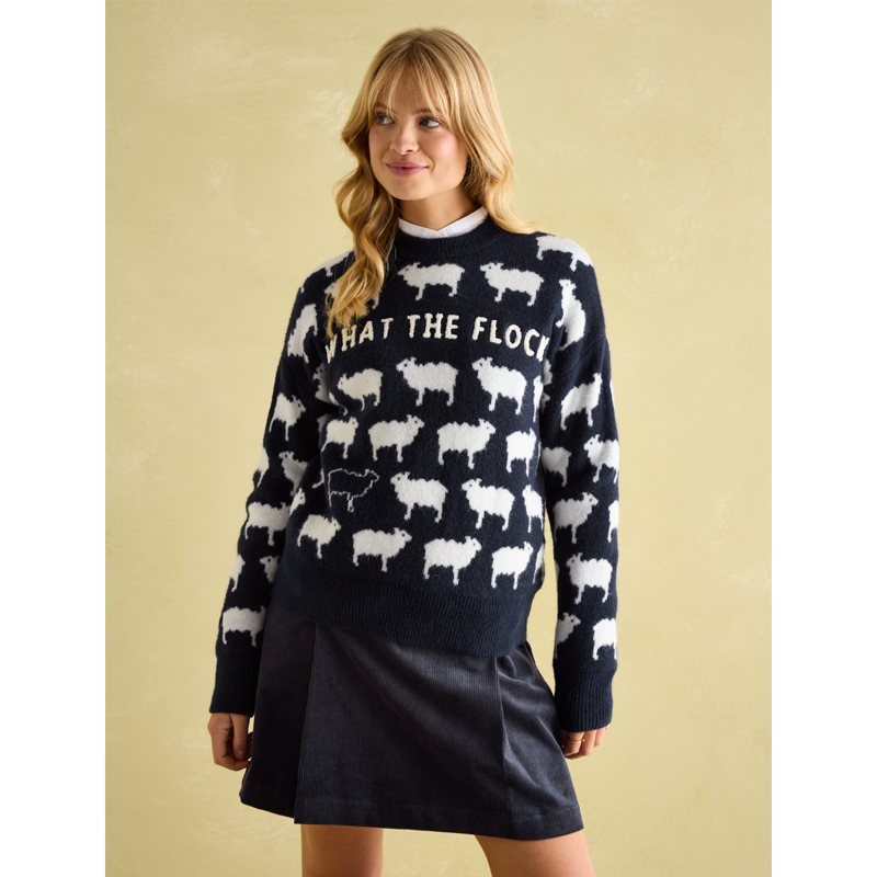 Joules Ladies What The Flock Intarsia Sheep Jumper - Navy-1