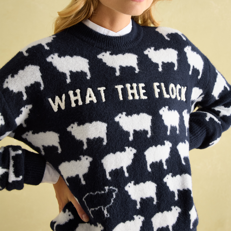 Joules Ladies What The Flock Intarsia Sheep Jumper - Navy-3