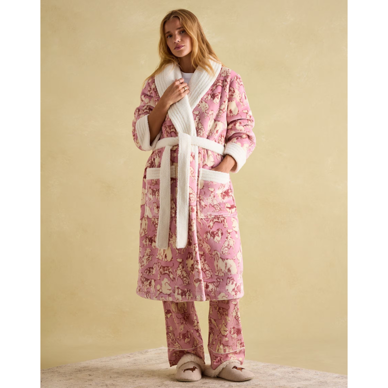 Joules Ladies Matilda Fleece Lined Dressing Gown - Pink Dogs-2