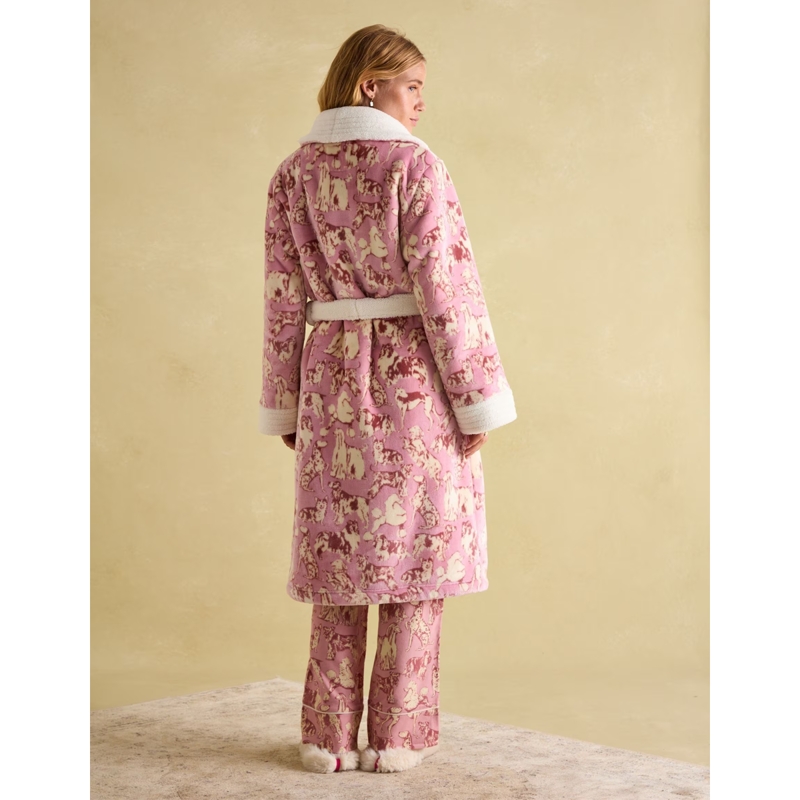 Joules Ladies Matilda Fleece Lined Dressing Gown - Pink Dogs-3