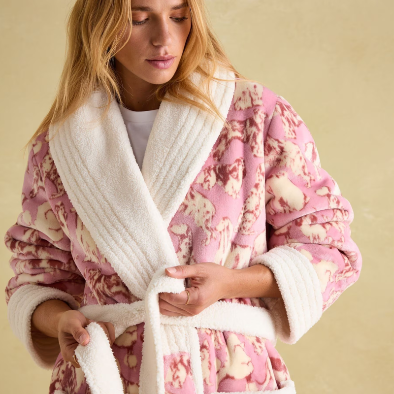 Joules Ladies Matilda Fleece Lined Dressing Gown - Pink Dogs-4