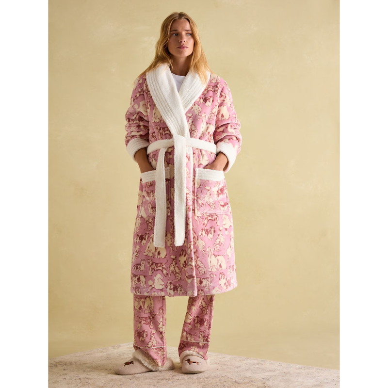 Joules Ladies Matilda Fleece Lined Dressing Gown - Pink Dogs-1