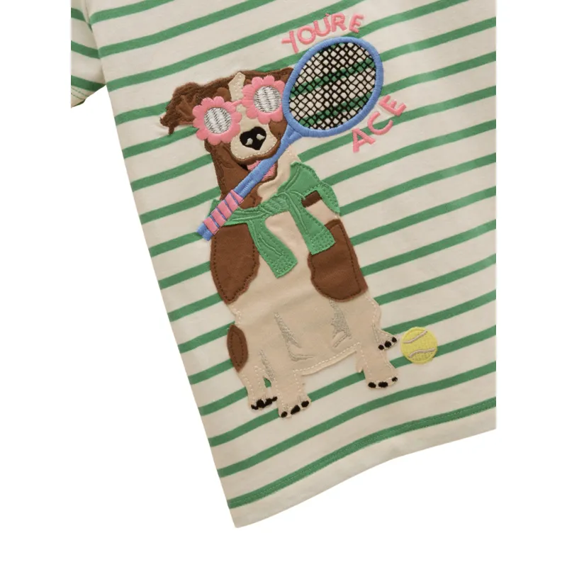 Joules Kids Astra Tennis Dog Print T-Shirt - Green Stripe-3