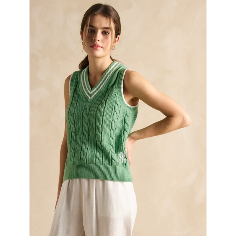Joules Ladies Deuce Cable Knitted Cotton Vest - Green-1