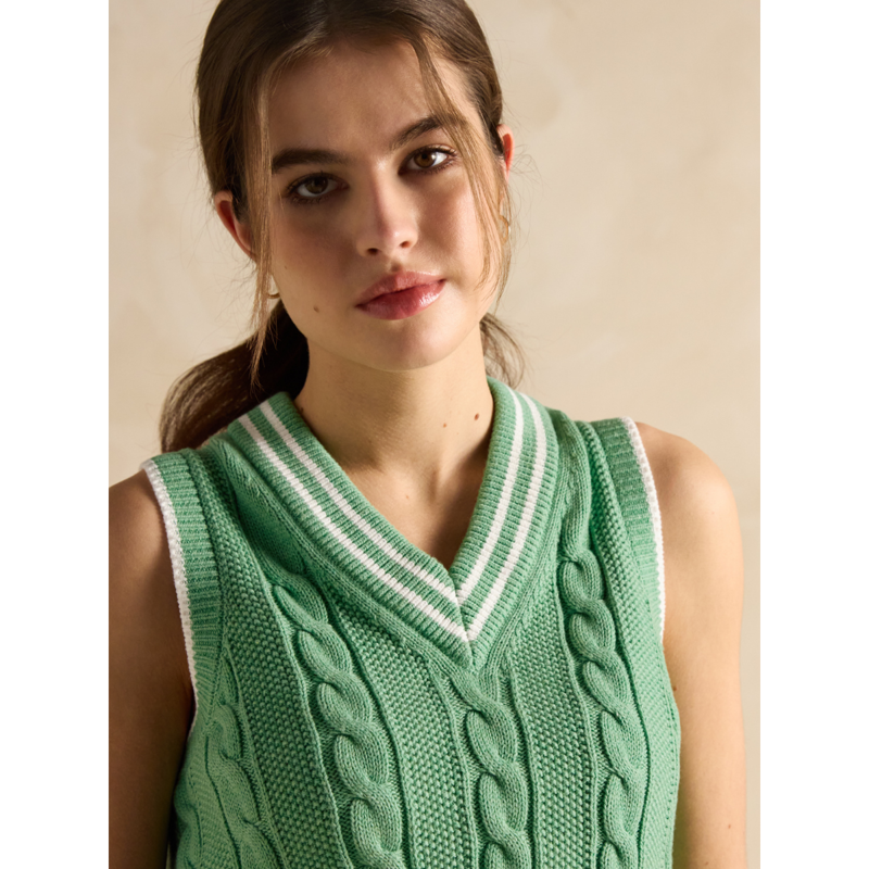 Joules Ladies Deuce Cable Knitted Cotton Vest - Green-3