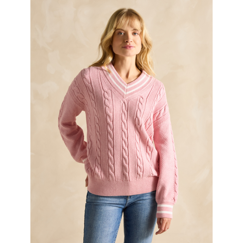 Joules Dibbly Cable Knit Cricket Cotton Jumper - Pink-1