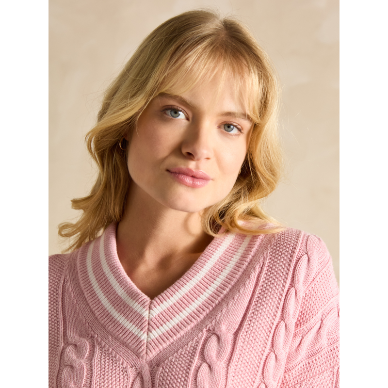 Joules Dibbly Cable Knit Cricket Cotton Jumper - Pink-3