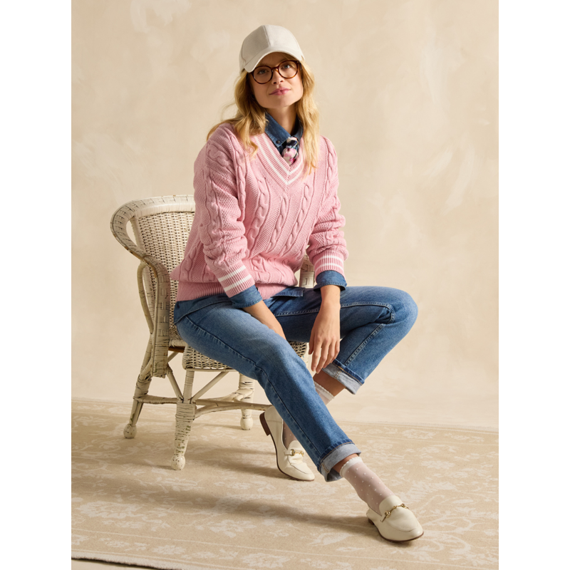 Joules Dibbly Cable Knit Cricket Cotton Jumper - Pink-5