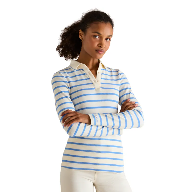 Joules Ladies Fairfield Long Sleeve Ribbed Polo Shirt - Cream/Blue