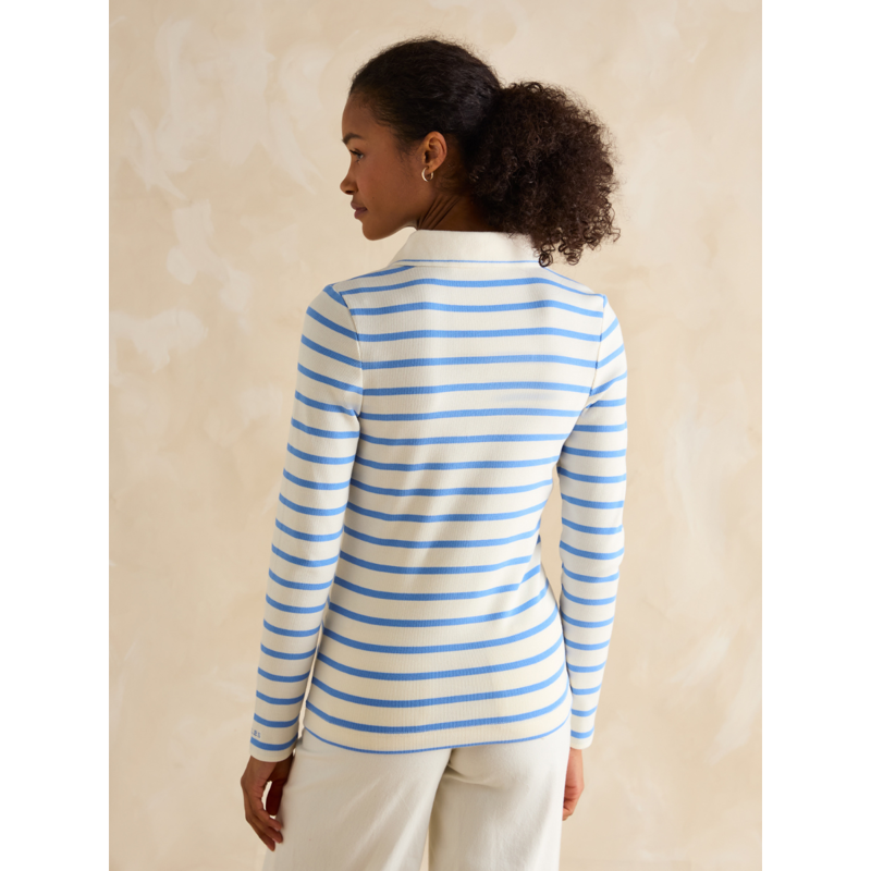 Joules Ladies Fairfield Long Sleeve Ribbed Polo Shirt - Cream/Blue-1