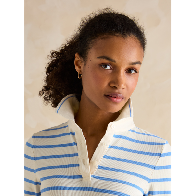 Joules Ladies Fairfield Long Sleeve Ribbed Polo Shirt - Cream/Blue-2