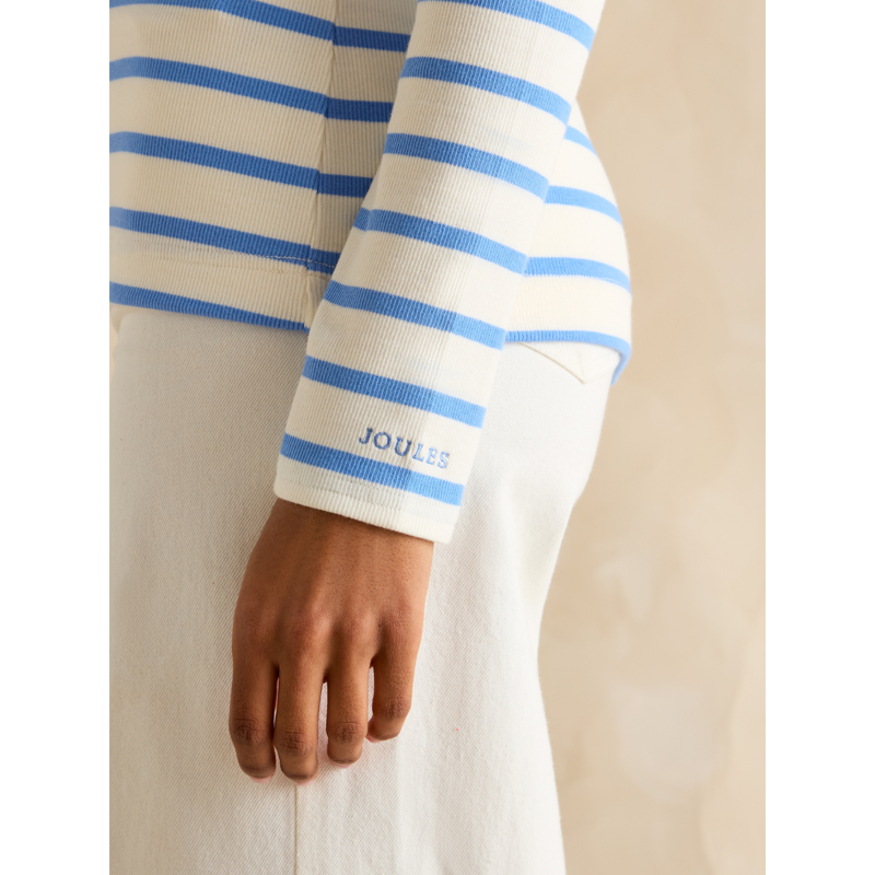 Joules Ladies Fairfield Long Sleeve Ribbed Polo Shirt - Cream/Blue-3