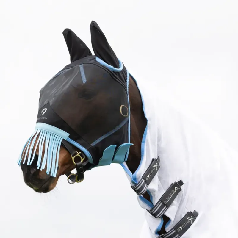 Hy Equestrian Mesh Half Mask with Ears and Fringe - Black/Light Blue