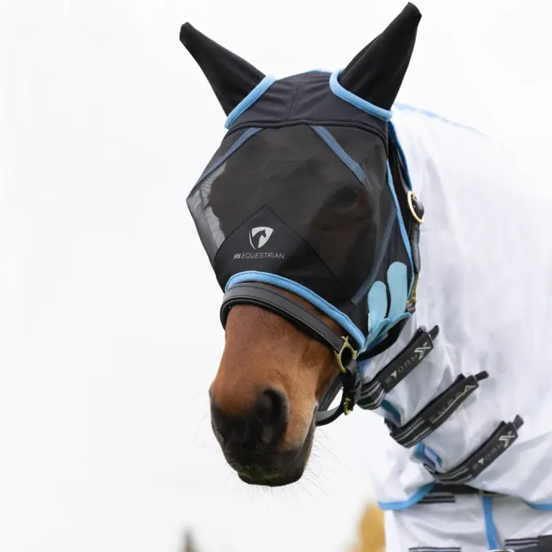 Hy Equestrian Mesh Half Mask with Ears - Black/Light Blue