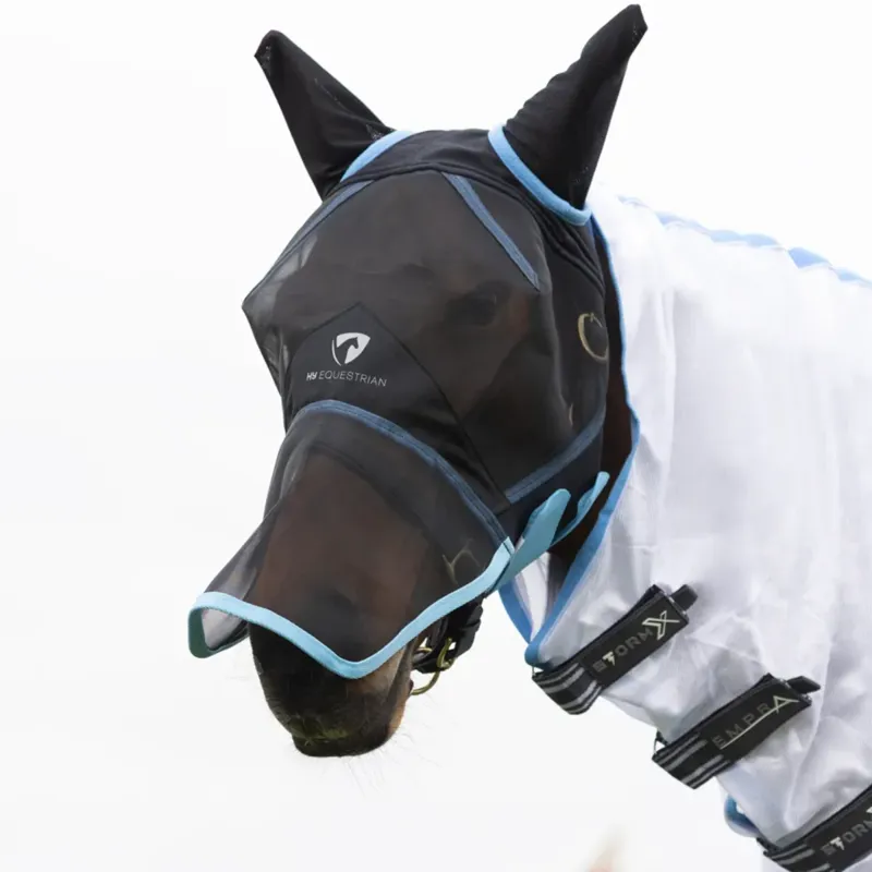 Hy Equestrian Mesh Full Mask with Ears and Nose - Black/Light Blue