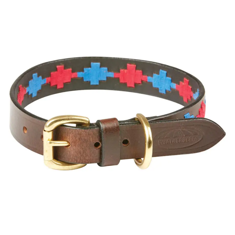 WeatherBeeta Polo Leather Dog Collar - Beaufort Brown/Pink/Blue