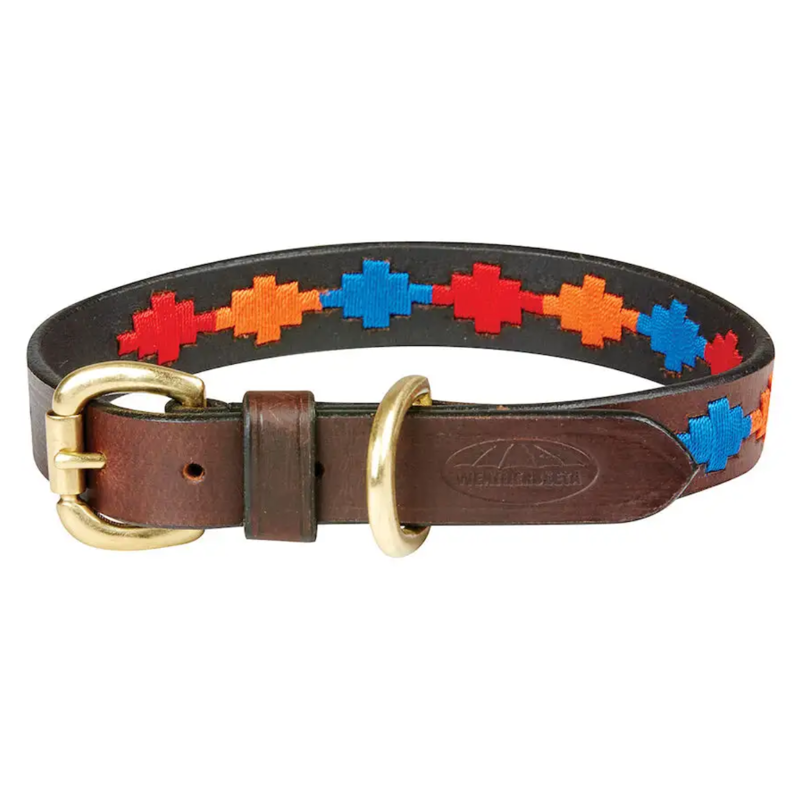 WeatherBeeta Polo Leather Dog Collar - Beaufort Brown/Red/Orange/Blue