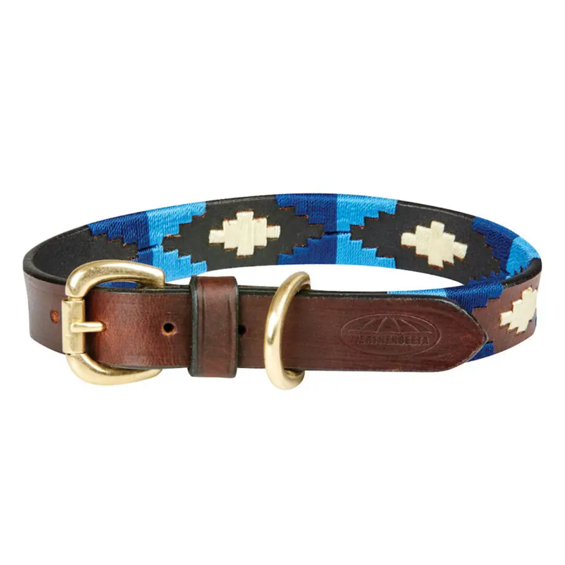 WeatherBeeta Polo Leather Dog Collar - Cowdray Brown/Blue/Blue