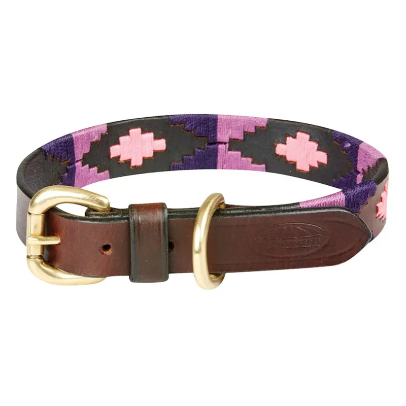 WeatherBeeta Polo Leather Dog Collar - Cowdray Brown/Purple/Pink