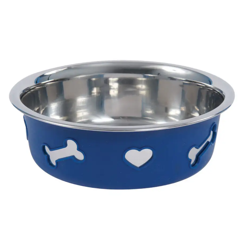 WeatherBeeta Non-Slip Stainless Steel Silicone Bone Dog Bowl - Blue