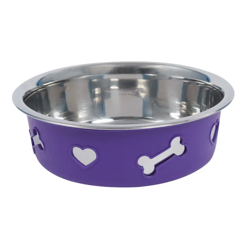 WeatherBeeta Non-Slip Stainless Steel Silicone Bone Dog Bowl - Dark Purple