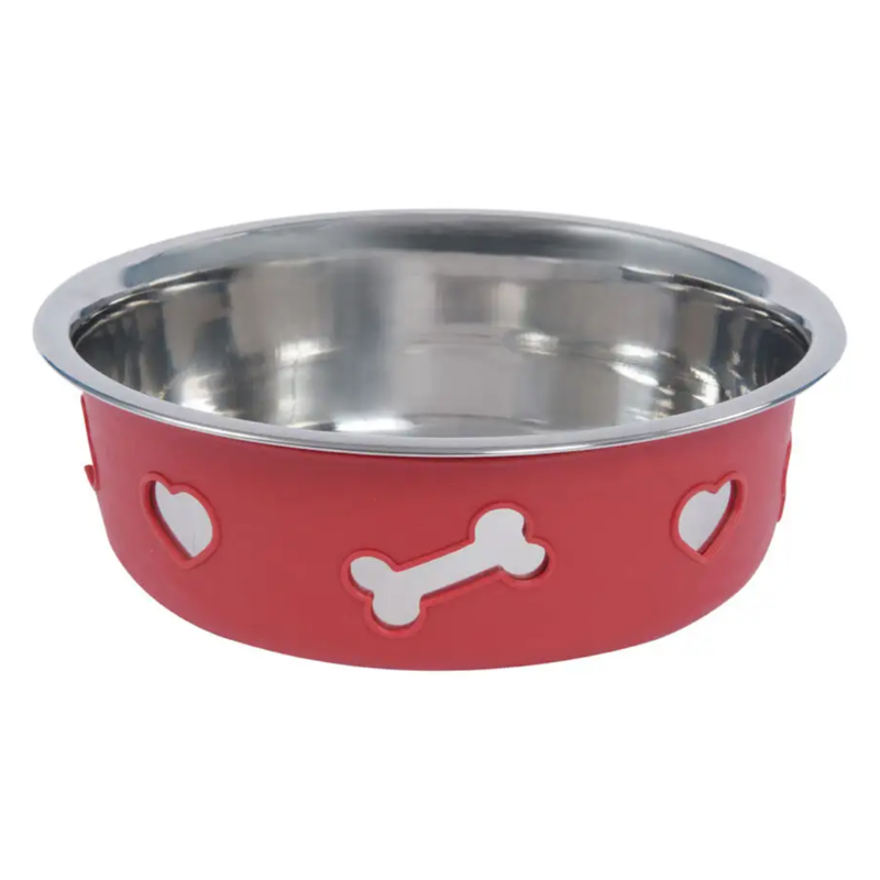 WeatherBeeta Non-Slip Stainless Steel Silicone Bone Dog Bowl - Raspberry
