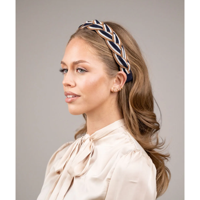 Waring Brooke Tri-Colour Plait Headband - Navy/Tan/White-1