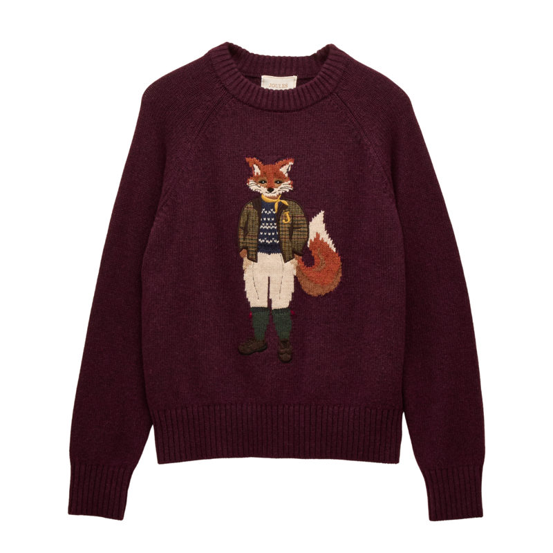 Joules Ladies Intarsia Cotton-Rich Crew Neck Jumper - Wine