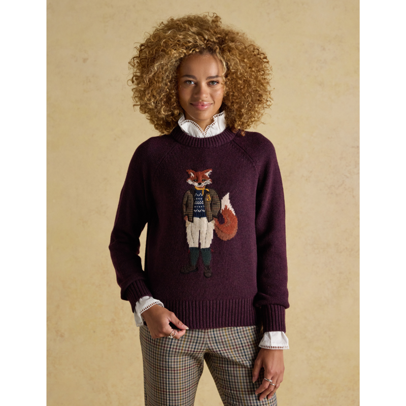 Joules Ladies Intarsia Cotton-Rich Crew Neck Jumper - Wine-1