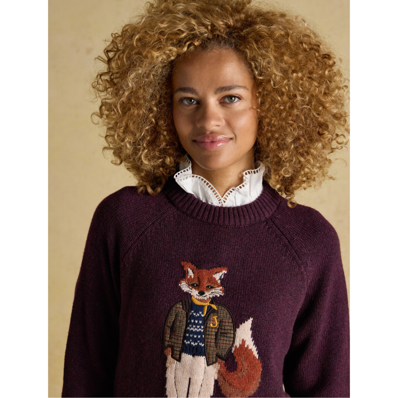 Joules Ladies Intarsia Cotton-Rich Crew Neck Jumper - Wine-3