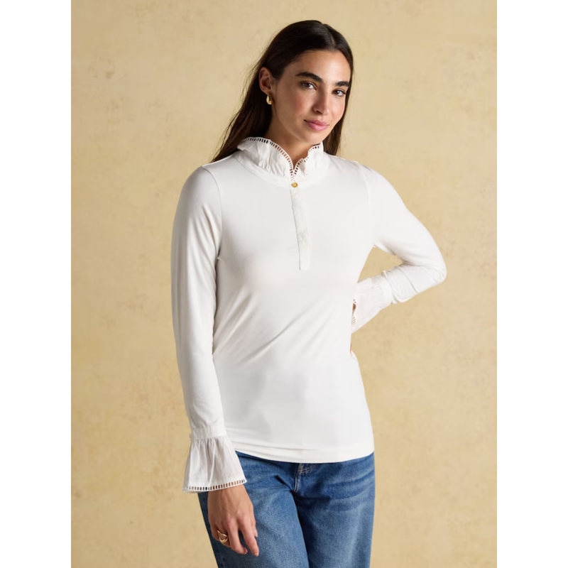 Joules Ladies Kate Long Sleeve Frilled Neck Top - White-1