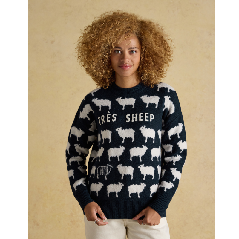 Joules Ladies Tres Sheep Intarsia Knitted Jumper - Navy-1