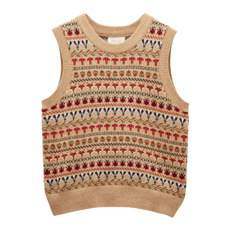 Joules Ladies Woodland Cotton-Rich Intarsia Crew Neck Knitted Vest- Oatmeal