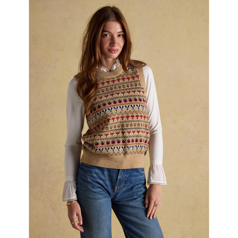 Joules Ladies Woodland Cotton-Rich Intarsia Crew Neck Knitted Vest- Oatmeal-1