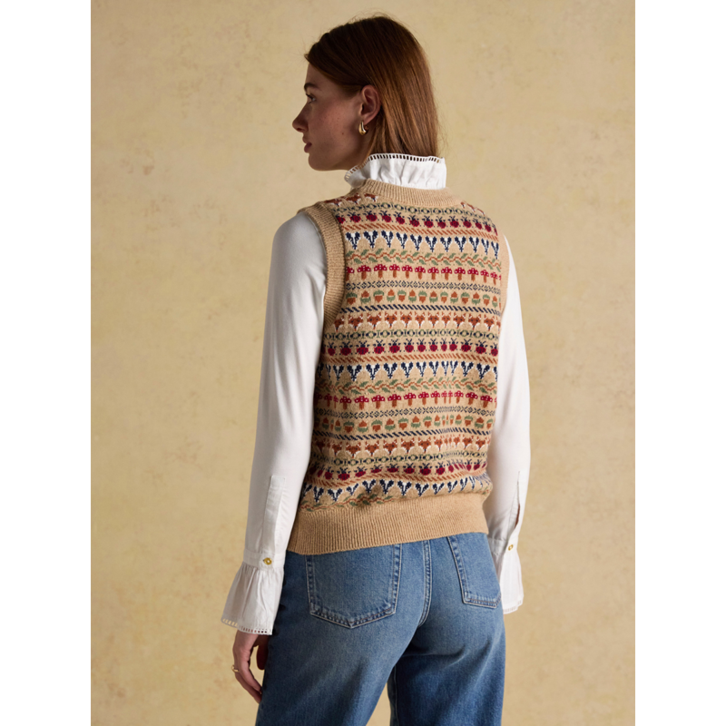Joules Ladies Woodland Cotton-Rich Intarsia Crew Neck Knitted Vest- Oatmeal-2