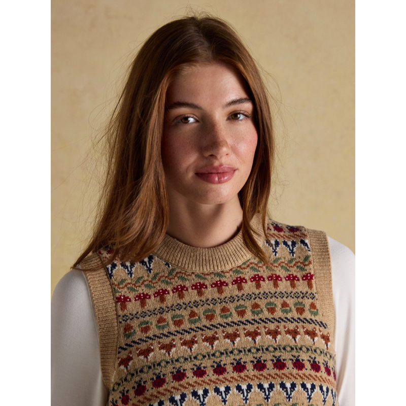 Joules Ladies Woodland Cotton-Rich Intarsia Crew Neck Knitted Vest- Oatmeal-3
