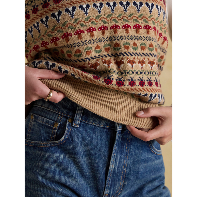 Joules Ladies Woodland Cotton-Rich Intarsia Crew Neck Knitted Vest- Oatmeal-4