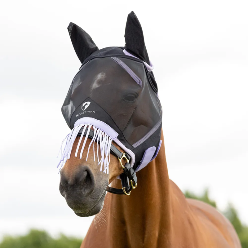 Hy Equestrian Mesh Half Mask with Ears and Fringe - Black/Lilac