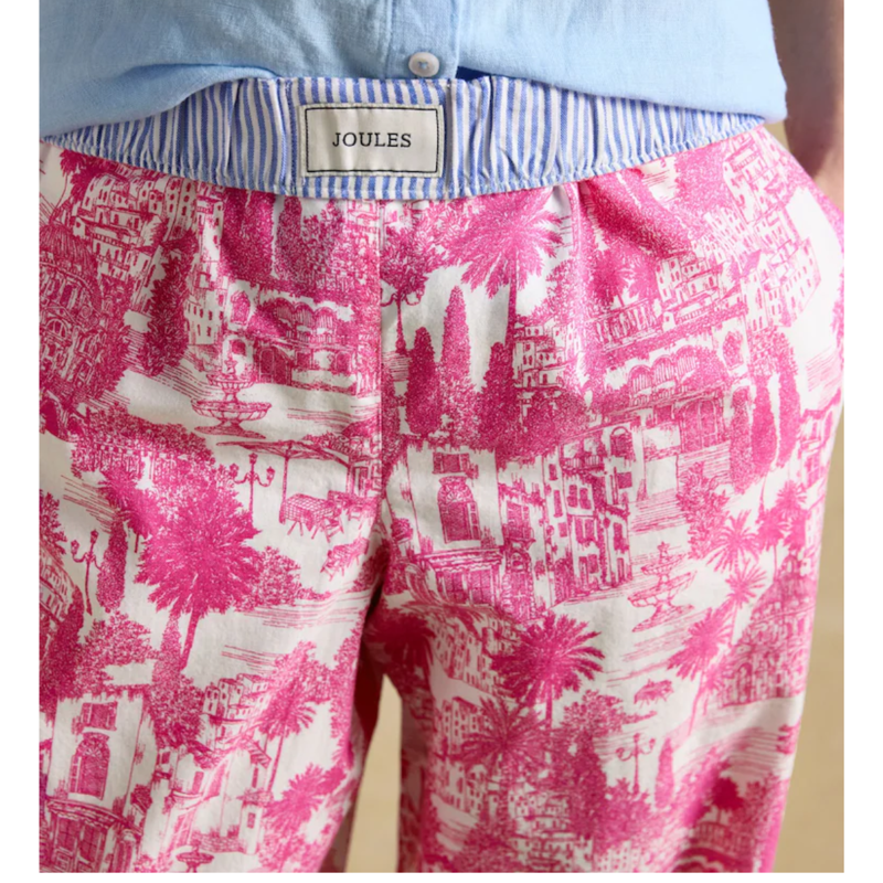Joules Ladies Hallie Pull On Cotton Trousers - Pink Printed-2