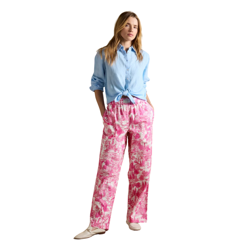 Joules Ladies Hallie Pull On Cotton Trousers - Pink Printed-5