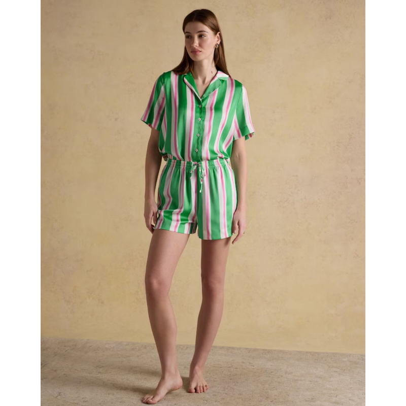 Joules Ladies Natalia Satin Pyjamas Set - Green/Pink Stripe-6
