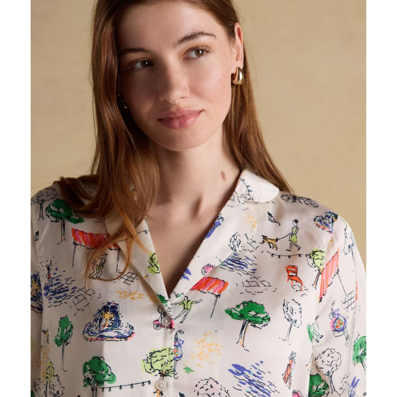 Joules Ladies Natalia Satan Pyjamas Set - Cream Fiesta Scene-4