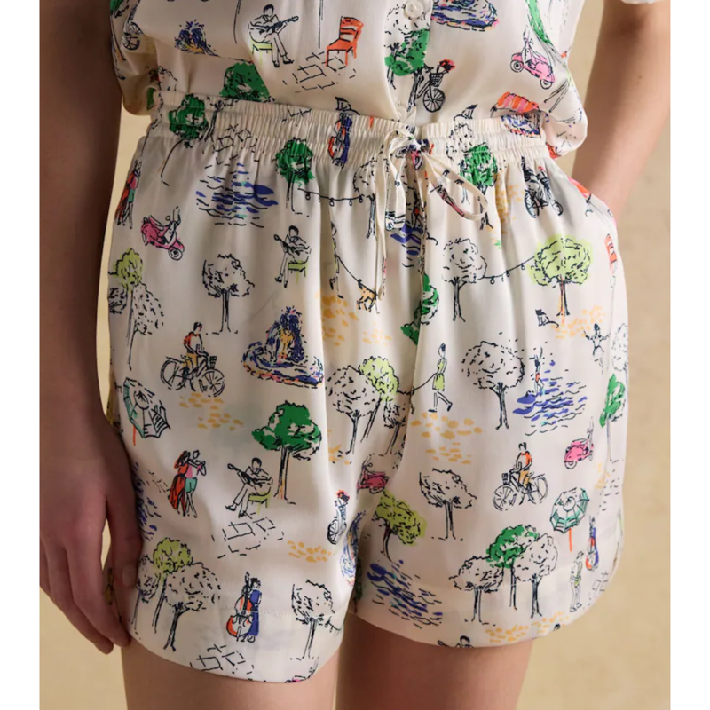 Joules Ladies Natalia Satan Pyjamas Set - Cream Fiesta Scene-3