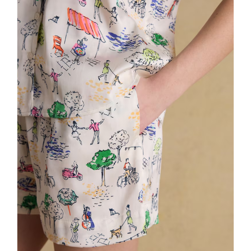 Joules Ladies Natalia Satan Pyjamas Set - Cream Fiesta Scene-6