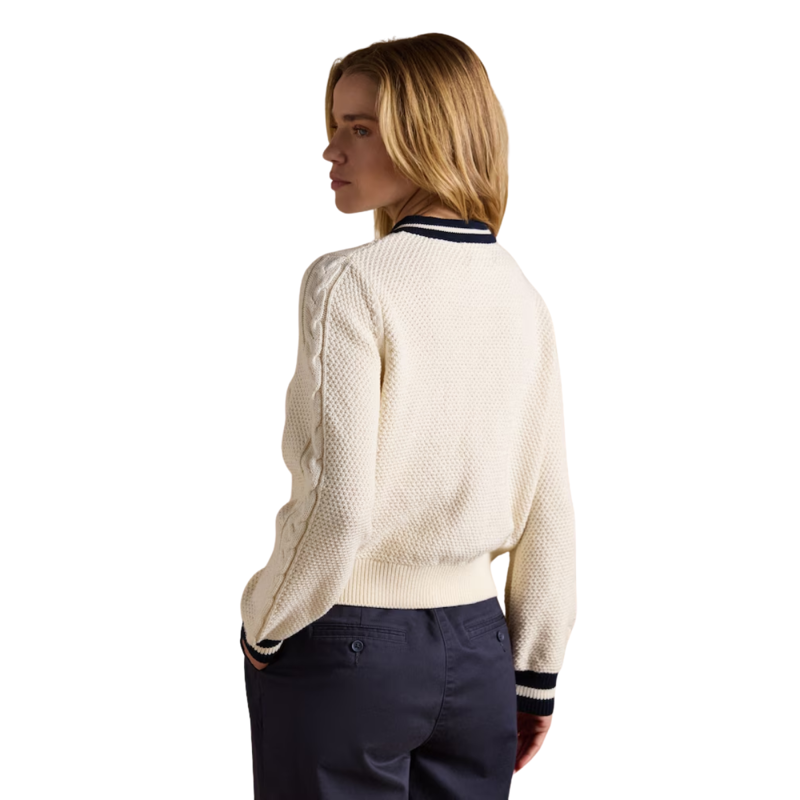 Joules Ladies Cotton Cable Crew Neck Knit Cardigan - Cream-1