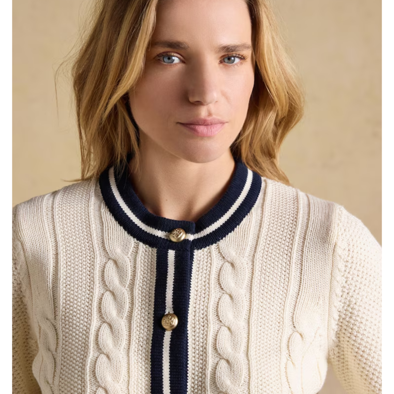 Joules Ladies Cotton Cable Crew Neck Knit Cardigan - Cream-2