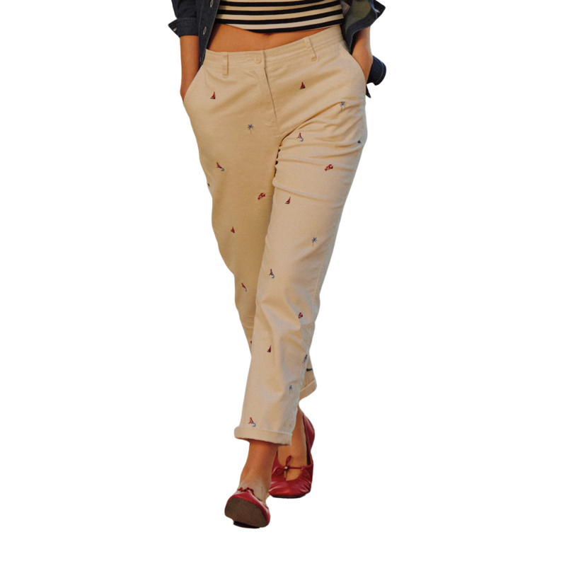 Joules Ladies Slim Fit Chino Trousers - Cream Embroidered-2