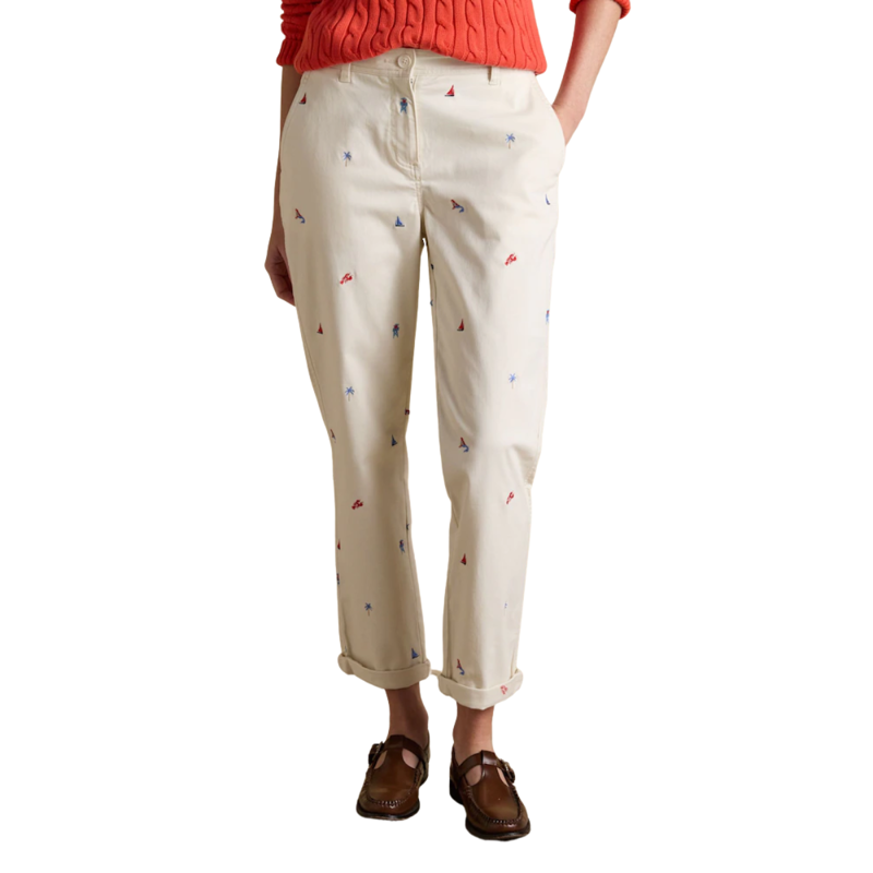 Joules Ladies Slim Fit Chino Trousers - Cream Embroidered