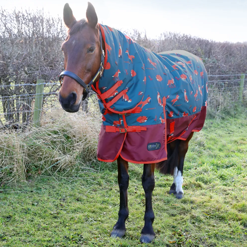 Hy StormX Original Frivolous Fox 200 Combi Turnout Rug - Green/Red/Pumpkin-1