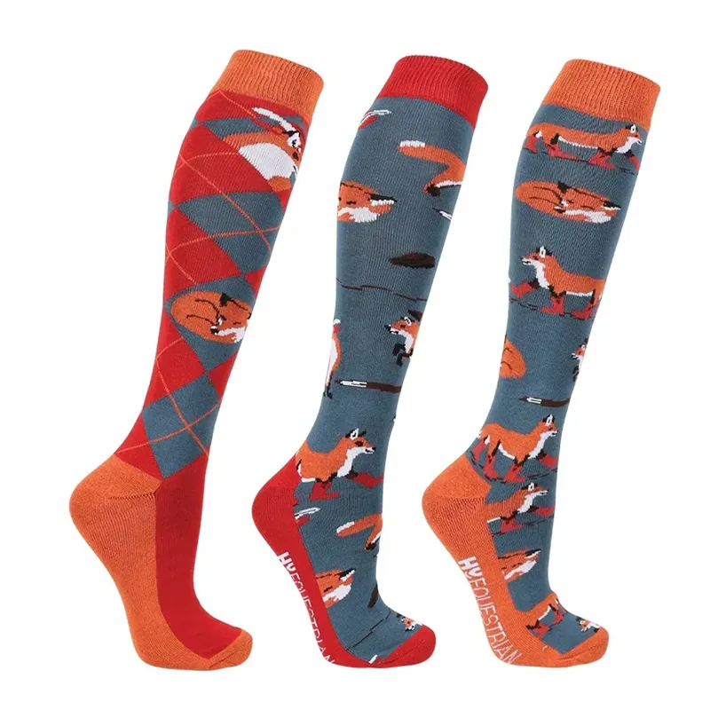 Hy Equestrian Frivolous Fox Socks Pack of 3 - Blue/Red/Pumpkin